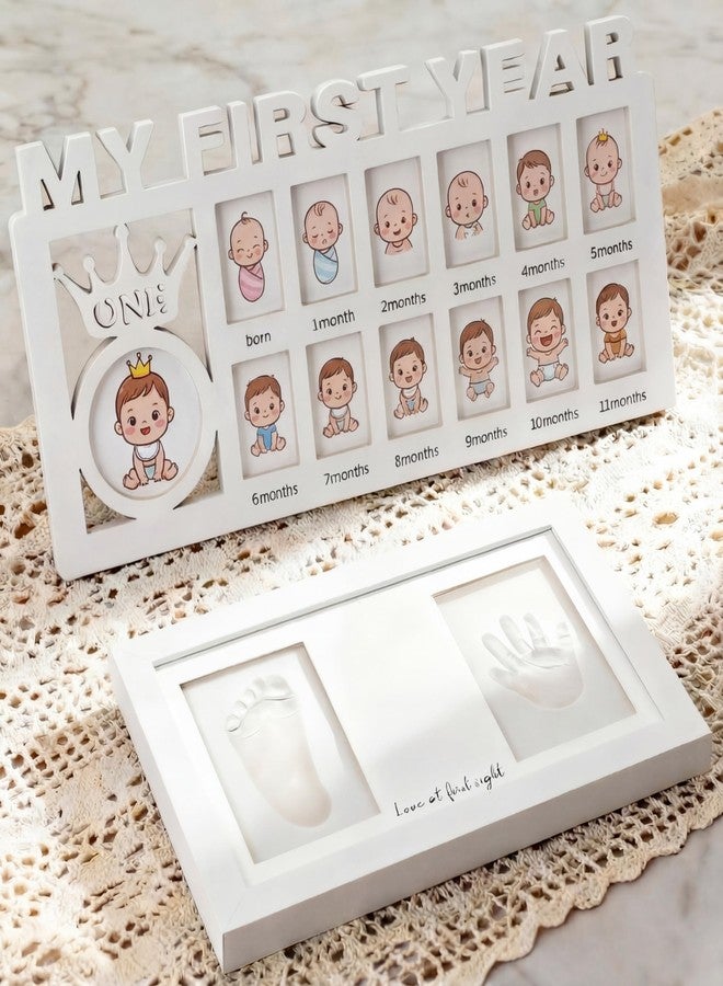 BrightRow My First Year Baby Photo Display Frame Baby Hand and Footprint Kit 12 Months Growth Record Impression Paste Handprint Keepsake Frame 1st Birthday Party New Mom Gift and Decoration (White) - Image 1
